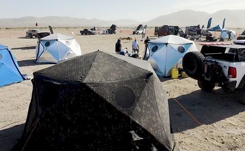 SHIFTPOD showing new licensed Multi-Cam shelter at the OVR Outpost during the 2026 King of the Hammers.