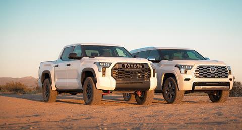 Tundra and Sequoia at sunset Tundra front