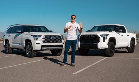 Man in front of Toyota Tundra and Sqquoia