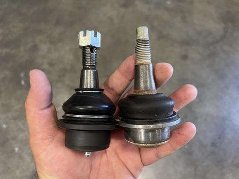 3. The greaseable Spicer Performance heavy-duty ball joint is on the left, while the factory non-serviceable ball joint is on the right