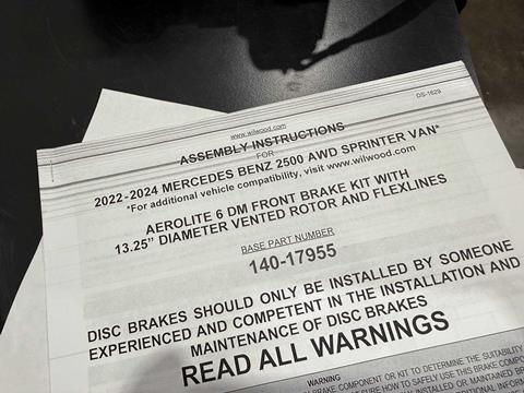 Assembly instructions for the Wilwood AERO6 DM Front Brake kit for the 2500 AWD Sprinter Van