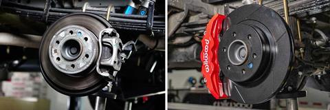 Side by side comparison of the OEM and the Wilwood AERO4-DM kit for the 2055 Sprinter 2500 AWD.