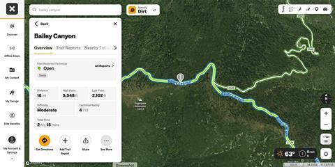 An onX screenshot of the Bailey Canyon trail we drove.