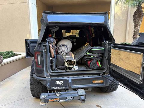 Disorganized Bronco cargo area before installing drawer storage system