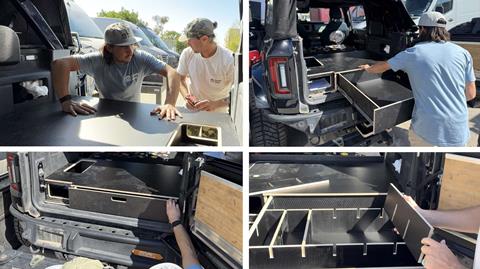 Step-by-step installation process for Bronco drawer storage system at Sandy Vans facility