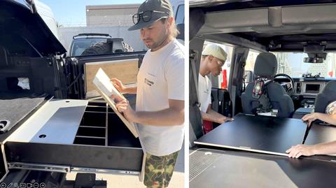 Step-by-step installation process for Bronco drawer storage system at Sandy Vans facility