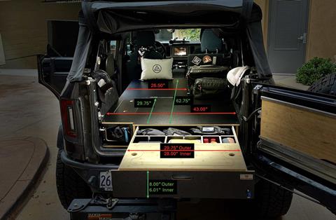 Dimension for the Solid Wood Worx drawer storage system for the 4-door Bronco