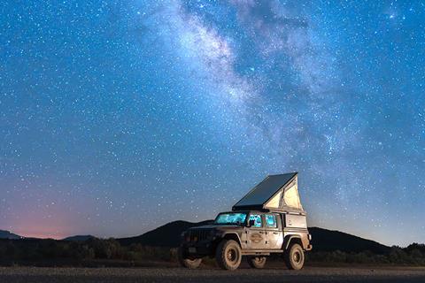 Astrophotography of Jeep Gladiator during waning crescent moon. Hankook Camp Dynapro Overland Expo West 2026.